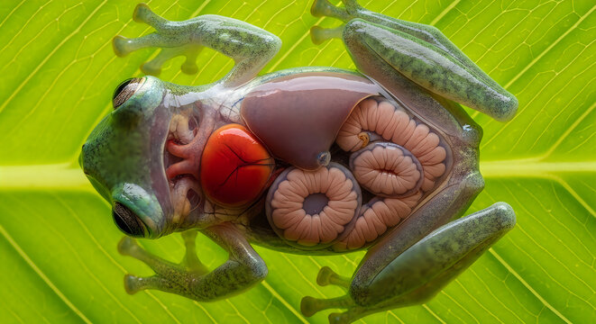 Glass Frog Macro Showing Internal Organs on Leaf

