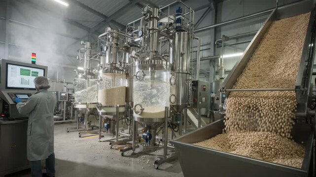 Industrial view of starchbased microencapsulation machinery processing active ingredients into biodegradable slowrelease fertilizer pellets for sustainable crop growth.
