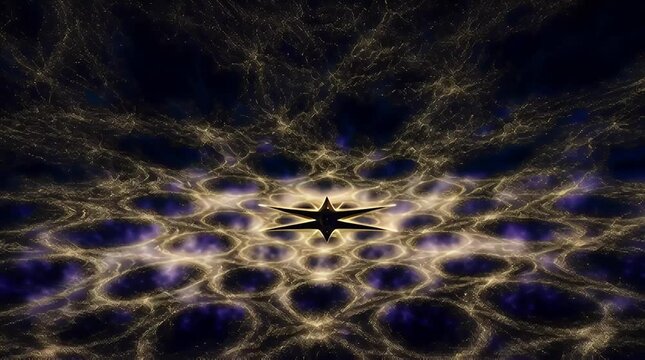 Abstract cosmic fractal design featuring a central starburst element surrounded by intricate golden and purple energy patterns against a dark background