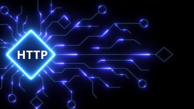 HTTP artificial intelligence glowing circuit board network data flow abstract technology background digital innovation concept