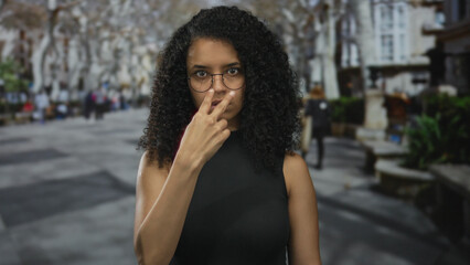 Woman with curly hair and glasses stands outdoors on a city street making hand gestures while wearing a black top. the urban setting is lively and bustling with activity. © Krakenimages.com