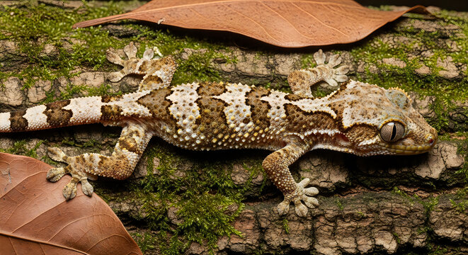 Leaf-Tailed Gecko Camouflaged on Tree Bark

