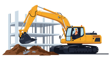 Construction worker operating excavator machine at busy building site with heavy equipment and urban development setting in flat solid color style © Amie