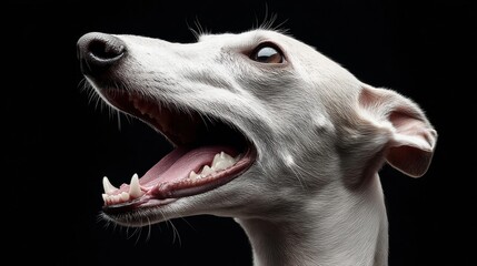 Obraz premium Close-up of a white dog with its mouth open against a black background.