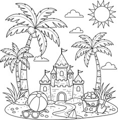 Obraz premium A black and white drawing of a sandcastle on a beach with palm trees