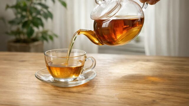 Transparent glass teapot filled with hot tea standing beside an empty cup and saucer on a wooden table near a bright window. Cozy home atmosphere representing relaxation, comfort, and tea time.