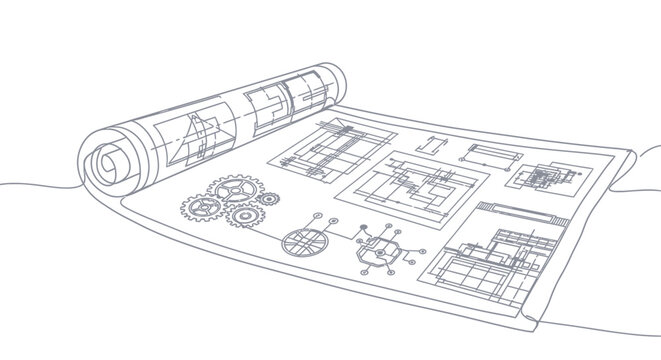 Engineering Blueprint Roll with Gears and Diagrams