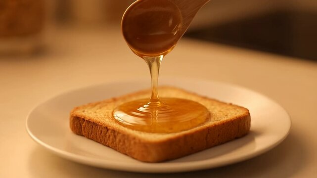 Honey being poured from a spoon onto a slice of white bread