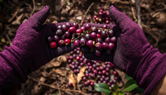 Hands Wearing Garden Gloves picking Chironji (Piyali Fruit)