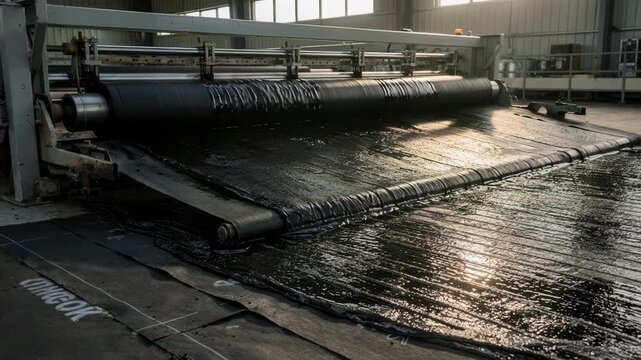 Industrial underlayment asphalt coating process capturing hot asphalt spreading on sheets for waterproof roofing base layers.