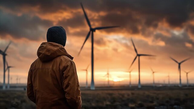 A person in a brown jacket and beanie stands in a wind farm at sunset, gazing toward the turbines