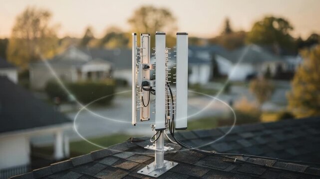 Focused smart antenna array mounted on a rooftop with the suburban background out of focus showcasing dynamic beam steering to enhance local wireless network performance.