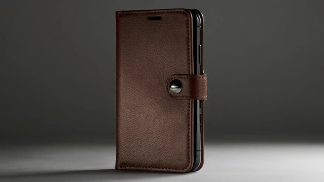 Medium shot of a minimalist leather phone sleeve emphasizing sleek design and smooth texture showcasing a snap closure and tailored fit for modern devices.