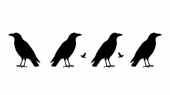 Silhouettes of four crows with two in-flight birds against a stark white backdrop