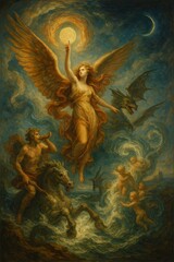 Naklejka premium Epic classical baroque style painting of a radiant female angel and a man on horseback battling a dragon