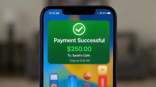 iPhone showing payment successful notification for $250.00 to Sarah's Cafe