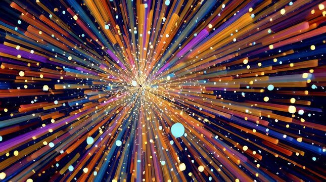 Abstract explosion of vibrant light streaks and glowing spheres radiating outwards from a central point against a dark background conveying energy and dynamism