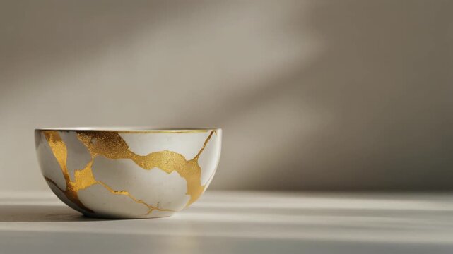 金継ぎの陶器茶碗（金の修復ライン）シネマティック映像　柔らかな光のミニマル背景