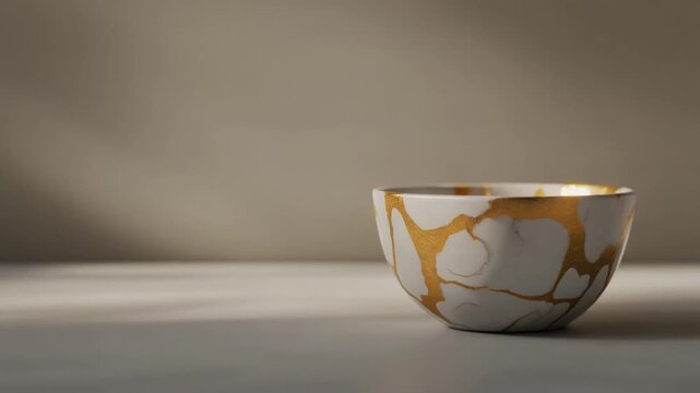金継ぎの陶器茶碗（金の継ぎ目）シネマティック映像　ニュートラル背景の高級プロダクト