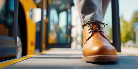 Fototapeta premium Man in brown leather shoes steps onto a bus, commuting to work or school
