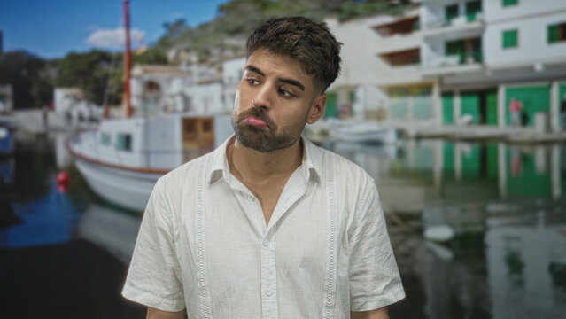 Man in white shirt pouts lower lip beside a wooden boat docked at a sunny port; melancholy introspection.