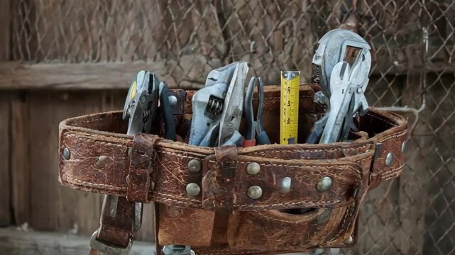 Medium shot of a sturdy plumbers custom leather tool belt emphasizing reinforced stitching and specialized holders crafted for pipes wrenches and plumbing essentials.