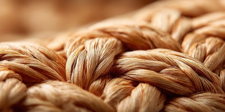 Close-up macro shot of a thick, braided natural fiber rope with intricate texture and warm tones