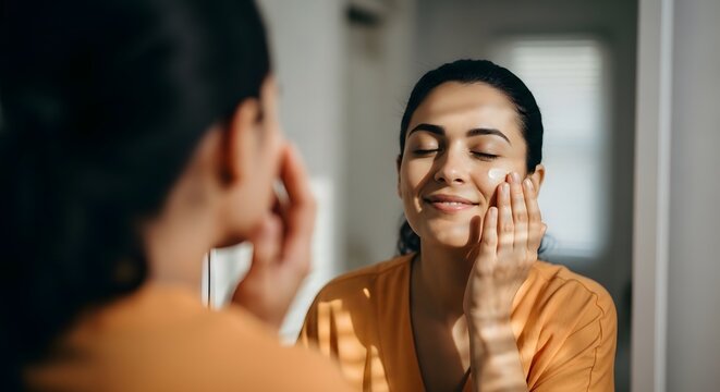 Woman examining her face in the mirror