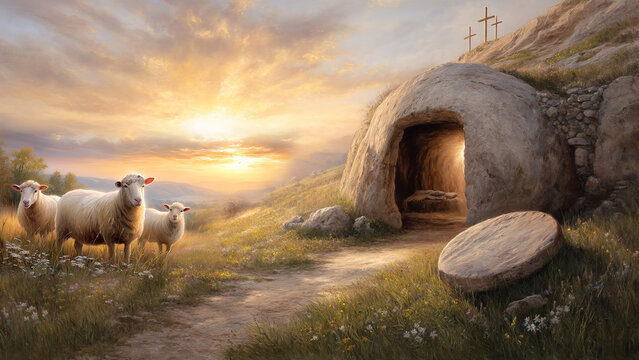 Empty Tomb of Jesus at Sunrise Christian He Has Risen Easter Illustration.