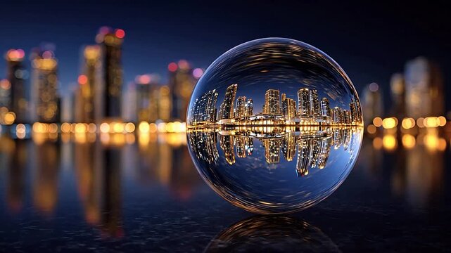 Crystal ball cityscape reflection