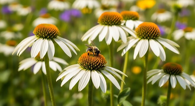 Bee pollinating white coneflower in a sunny meadow with other flowers.