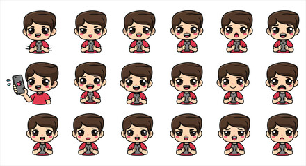 Obraz premium Cute Gamer Boy Character Emote Sticker Set, Cartoon Gaming Avatar Emoji Pack, Streaming Reaction Icons for Twitch Discord Vector