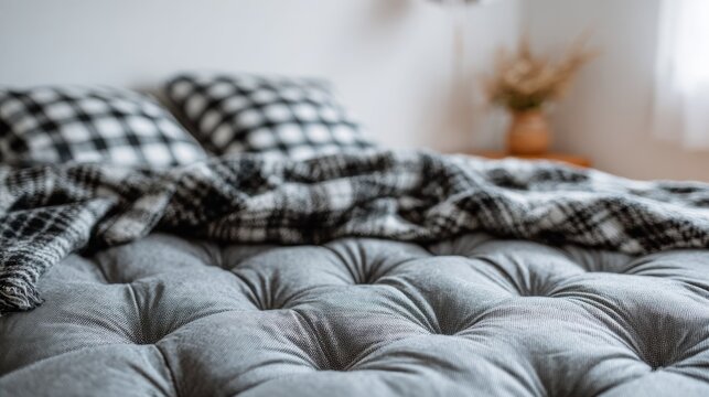 Cozy bed with checkered pillows and blanket offering comfort and relaxation
