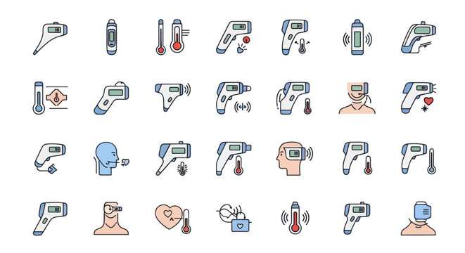 A set of colorful line art icons depicting non-contact infrared thermometers for temperature checks.