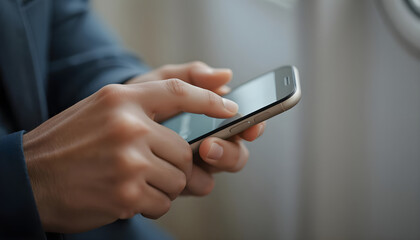 Fototapeta premium Businessman in suit typing on a smartphone while commuting in a train or airplane