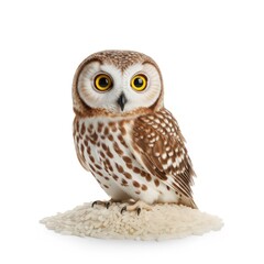 Obraz premium Boreal Owl Standing on Fluffy Surface Isolated on White Background