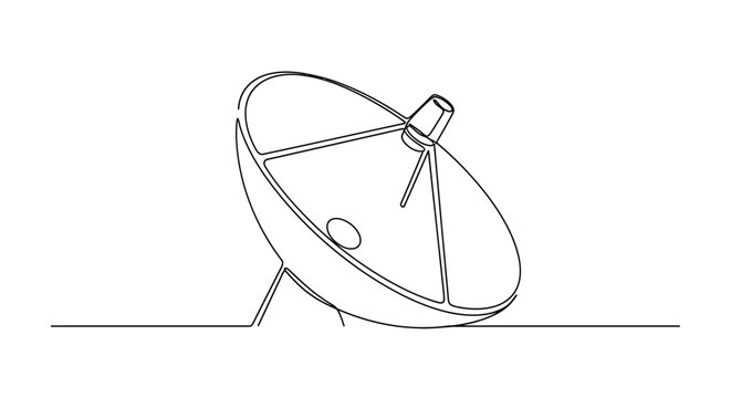 Satellite Dish Antenna on White Background, Single Line Drawing