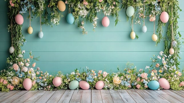 easter backdrop, pastel blue wall with wood flooring, easter egg garland on the left and right sides of flowers and greenery, easter-colored striped eggs, empty floor for photoshoot.