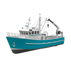 Fototapeta premium Teal fishing boat with white cabin and crane isolated on Transparent Background