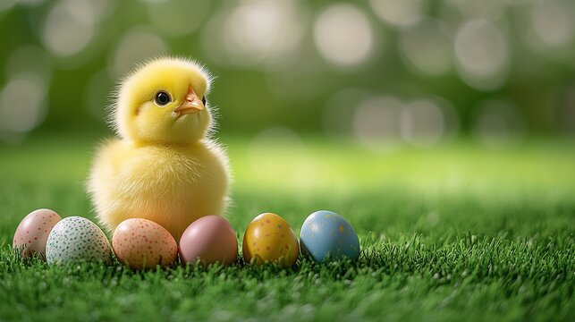 cute yellow chick with easter eggs on a green grass background, easter-themed, providing ample space for text or design