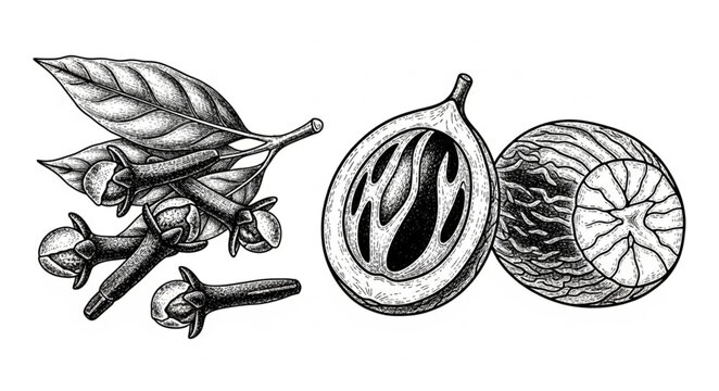 Detailed botanical illustration of cloves and nutmeg spices.