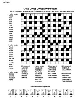 Puzzle page (p40048-1) with two puzzles: 19x19 criss-cross (fill-in) crossword word game with two hints and visual puzzle with whimsical faces. Black and white, A4 or Letter sized. 