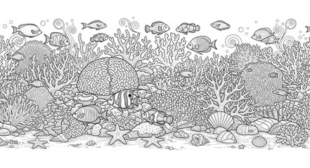 Detailed Coral Reef Ecosystem with Abundant Fish Life, Black and White. © Kangmas