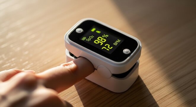 Close-up of a finger with a pulse oximeter attached, displaying vital signs.