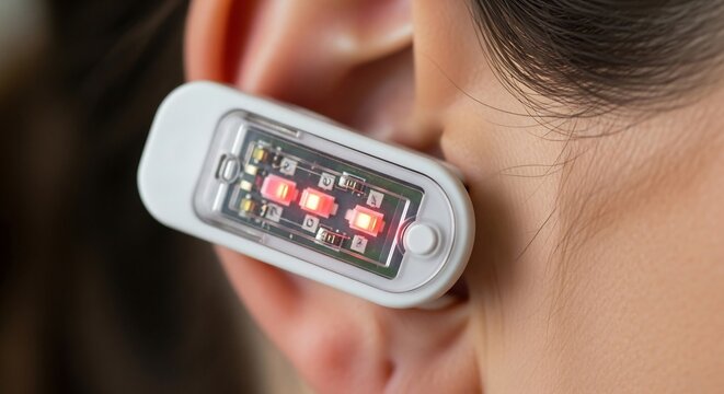 Close-up of a persons ear with a pulse oximeter attached.