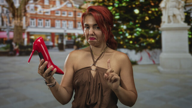 Woman holding red high heel with index finger raised and bare shoulder visible on city street; disgust rejection.