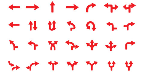 Traffic direction arrow vector set, road sign icons, intersection symbols, curved and U-turn indicators, infrastructure signage, black silhouette illustration © Daishin