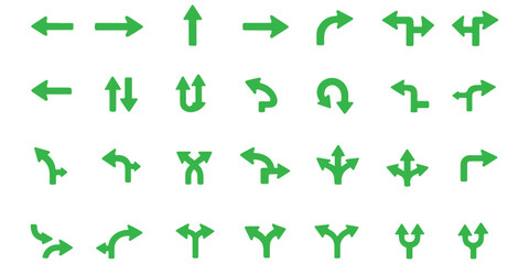 Traffic direction arrow vector set, road sign icons, intersection symbols, curved and U-turn indicators, infrastructure signage, black silhouette illustration © Daishin