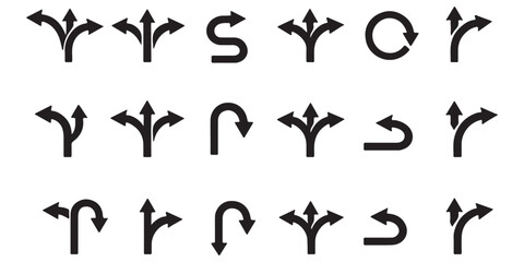 Traffic direction arrow vector set, road sign icons, intersection symbols, curved and U-turn indicators, infrastructure signage, black silhouette illustration © Daishin