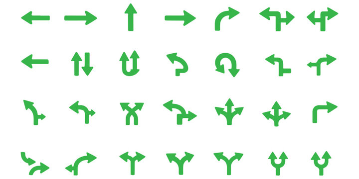 Traffic direction arrow vector set, road sign icons, intersection symbols, curved and U-turn indicators, infrastructure signage, black silhouette illustration